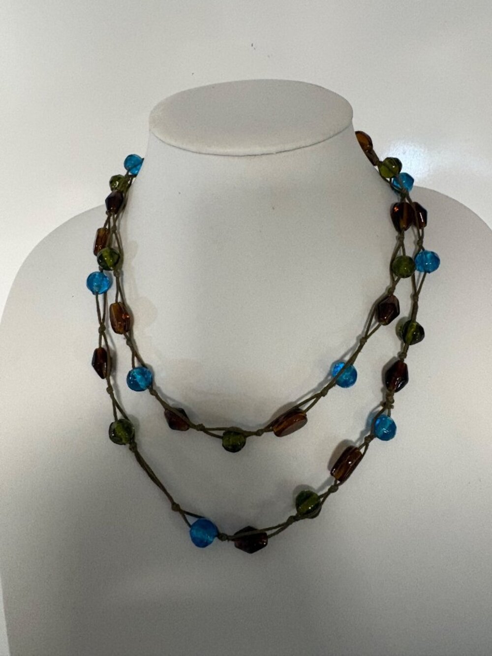 Handcrafted Green Blue Brown Glass Bead Necklace Long Knotted Cord